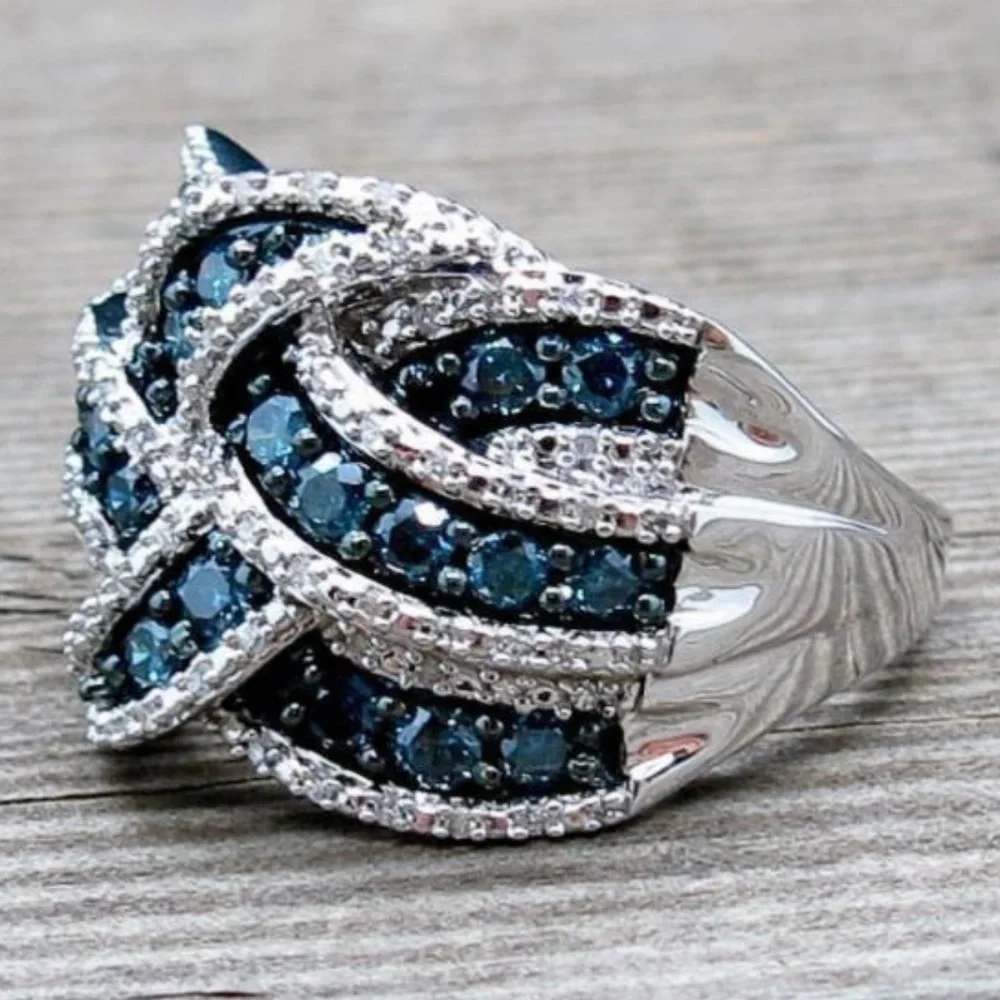 NEW Silver Blue Sapphire  Braided Wide Band Wedding Ring - Picture 3 of 4